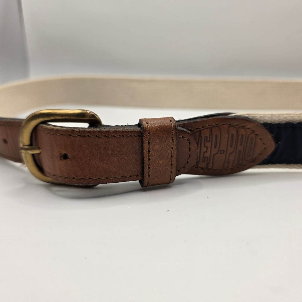 Zep-Pro Mens Sailboat Ribbon Belt Navy Cream Leather Brass USA Made Size 38